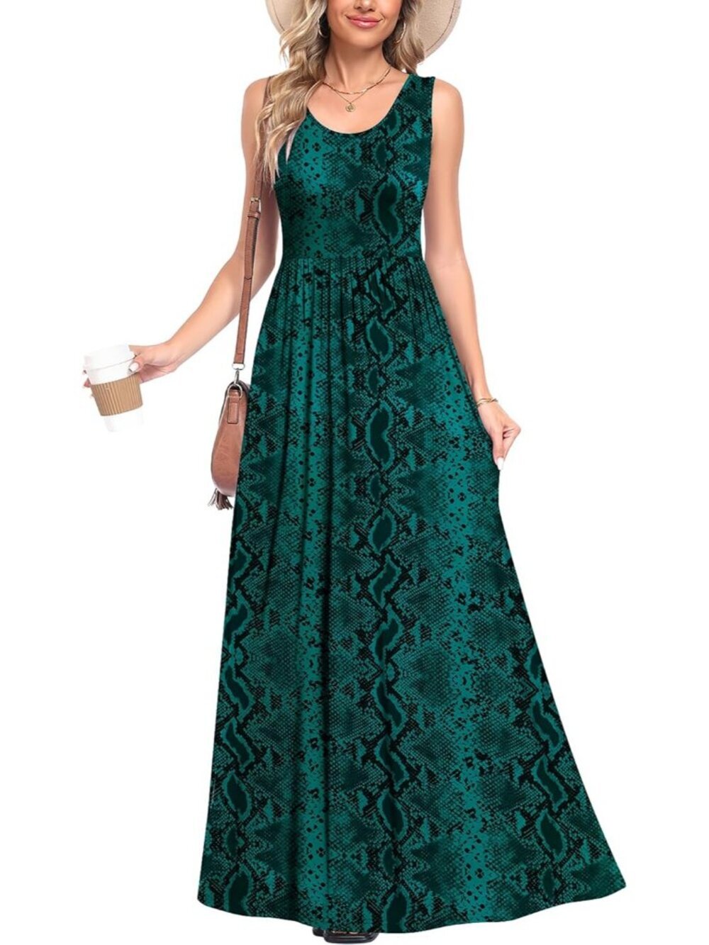 Women's  Green Snake Skin Fragment Sleeveless Stylish Beach Vacation Maxi Dress